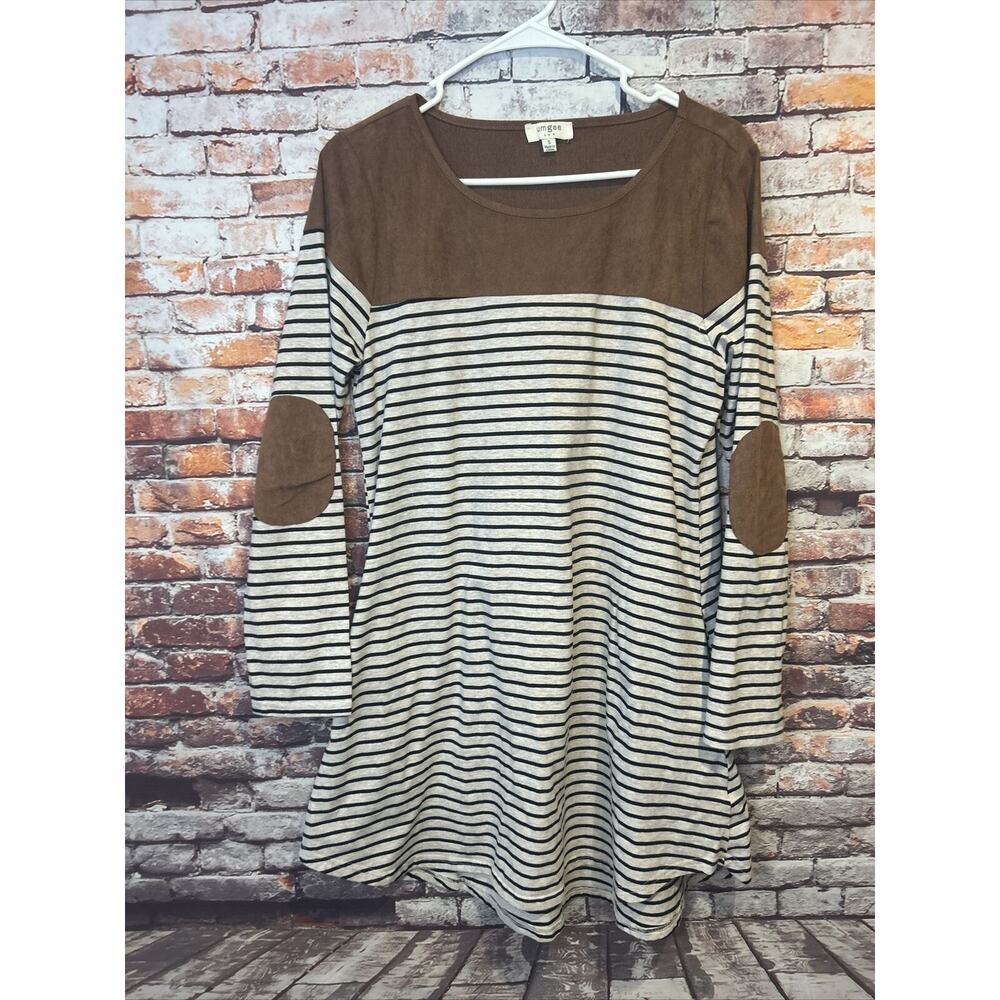 Umgee Dress Faux Suede Elbow Patches Trapeze Striped Pockets women's Gray Small